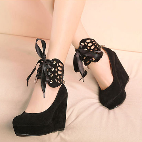 black wedges with bow ankle strap