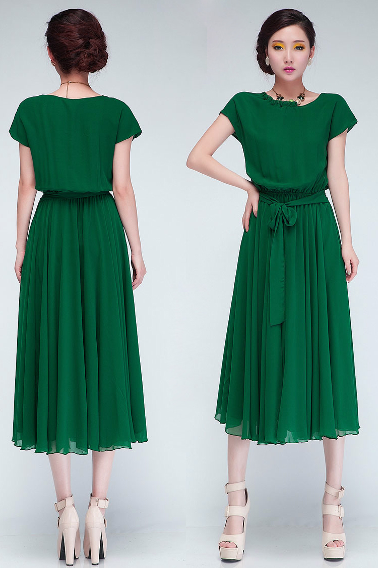 Fashion Pleated O Neck Short Sleeves Green Chiffon Mid Calf Dress