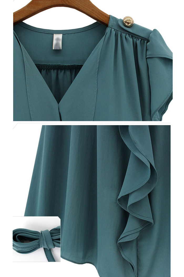 Fashion Pleated V Neck Cap Sleeves Navy Blue Chiffon Knee Length Dress_Dresses_Womens Clothing ...
