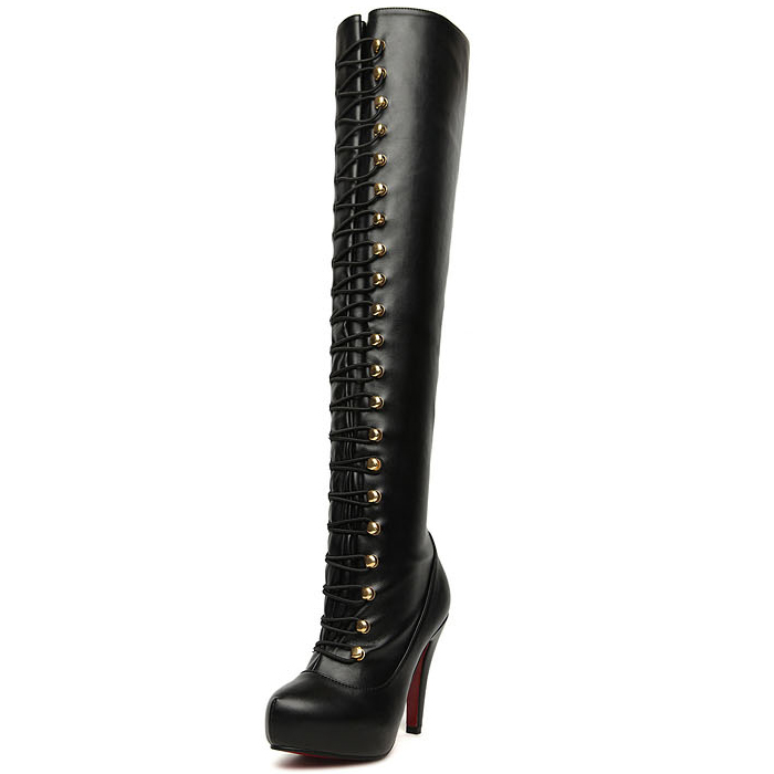 High Heel Lace Up Over the Knee Black PU Motorcycle Boots_Boots ...