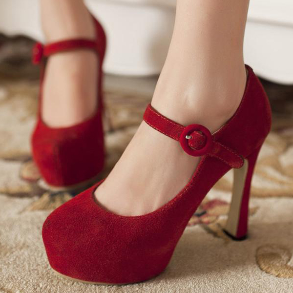 Fashion Round Closed Toe Chunky High Heels Red PU Ma