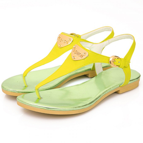 Buckle Designed Flat Low Heel Yellow PU Sandals_Sandals_Womens Shoes ...