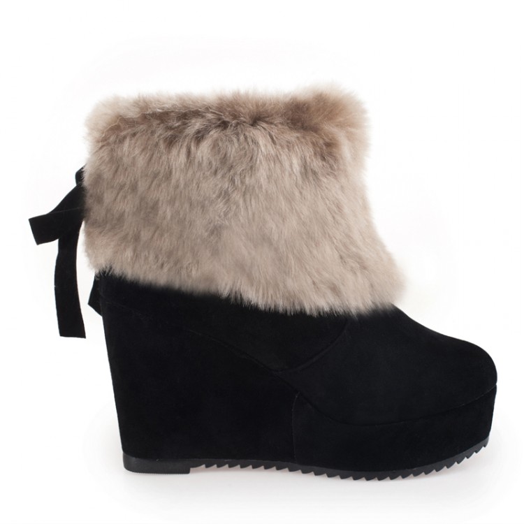 Cheap Winter Fashion Round Toe Fur Patchwork Slip On Wedge Super High