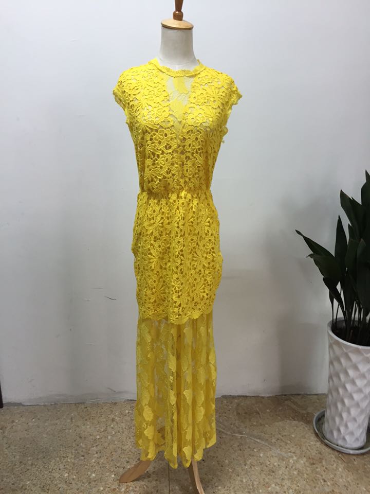 Cheap Sexy Turtleneck Tank Sleeveless Backless Hollowout Yellow Lace