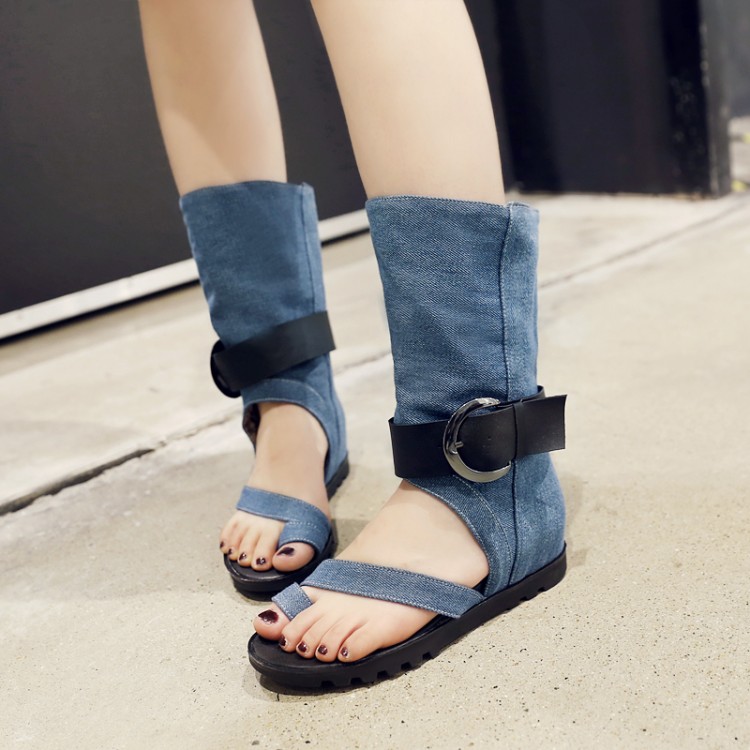 Fashion Flat Low Heel Clip Toe Blue Canvas Sandals MJ150912317-2