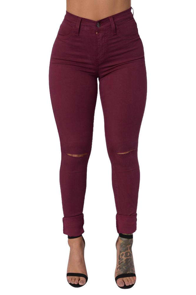 Fashion High Waist Broken Holes Wine Red Cotton Pants_Pants_Bottoms