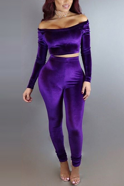 Stylish Bateau Neck Long Sleeves Purple Velvet Two Piece Pants Settwo 