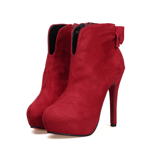 Sweet Suede Round Toe Back Bow Tie Super High Stiletto Short Red ...