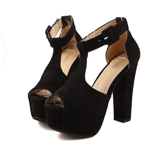 Fashion Chunky High Heels Black Suede T Strap Sandals_Sandals_Shoes ...
