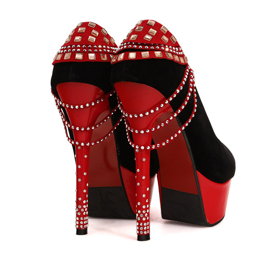 Sexy Round Closed Toe Back Rivet Embellished Stiletto High Heels Red ...