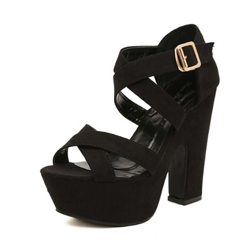 Fashion Chunky High Heels Black Suede Cross Strap Sandals_Sandals_Shoes ...