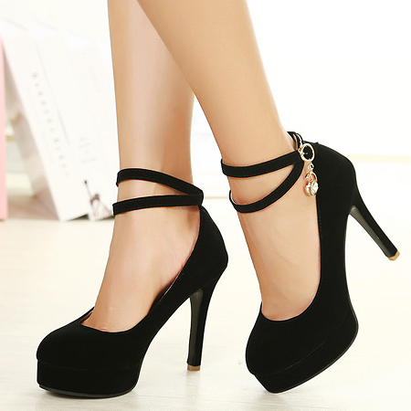 Fashion Round Closed Toe Stiletto High Heels Black Suede Ankle Strap ...