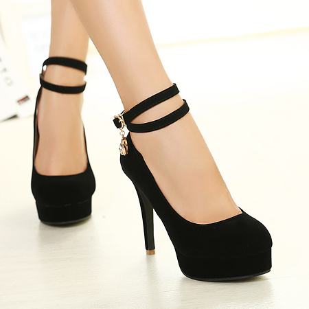 Fashion Round Closed Toe Stiletto High Heels Black Suede Ankle Strap ...