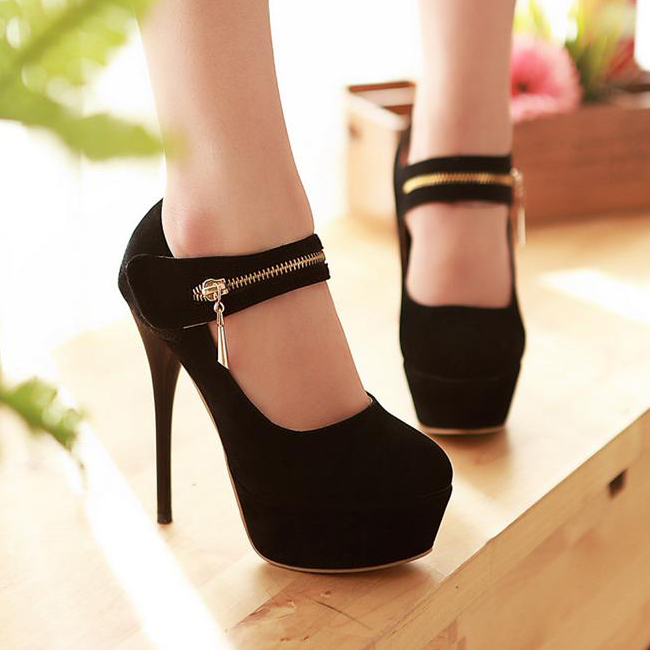 Fashion Round Closed Toe Zipper Design Stiletto High Heels Black ...