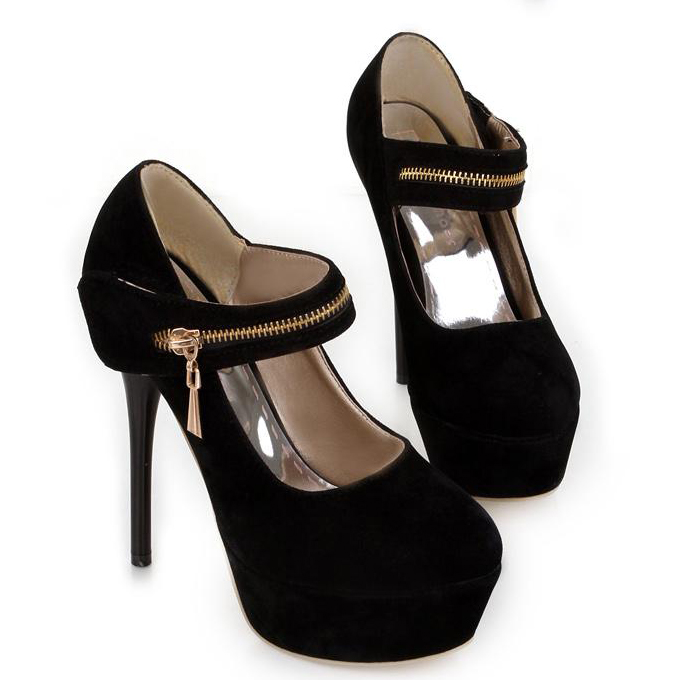 Fashion Round Closed Toe Zipper Design Stiletto High Heels Black ...