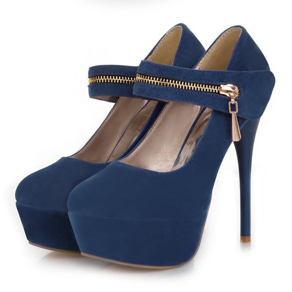 Fashion Round Closed Toe Zipper Design Stiletto High Heels Blue Leather ...