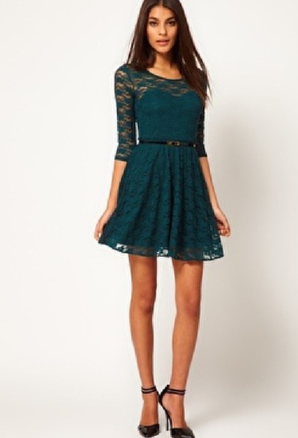 Fashion All-Match O neck Long Sleeve Waist Dark Green Lace Mini Dress ...