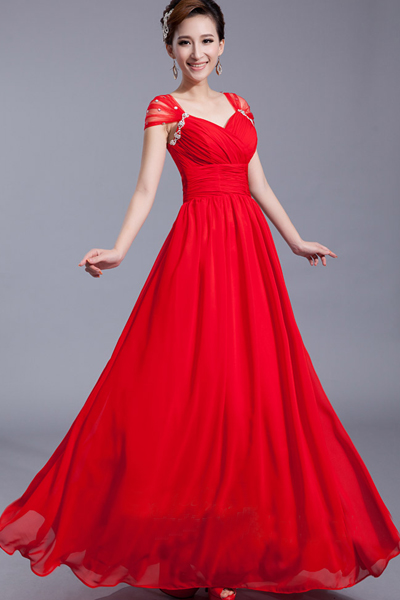 Elegant Crystal Emebllished V Neck Tank Sleeveless Red Ball Gown Floor ...