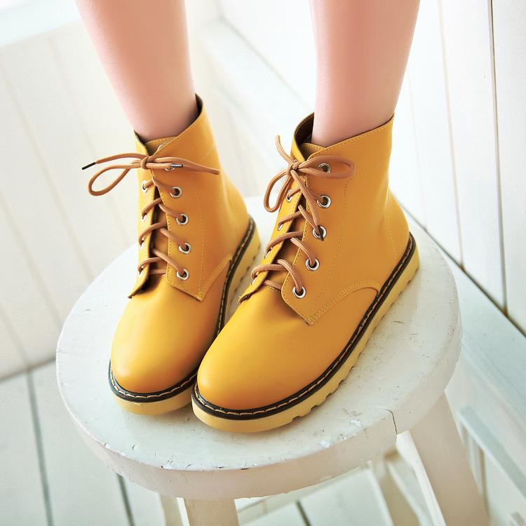 Spring Autumn Round Toe Flat Low Heel Lace Up Ankle Yellow Snow Boots ...