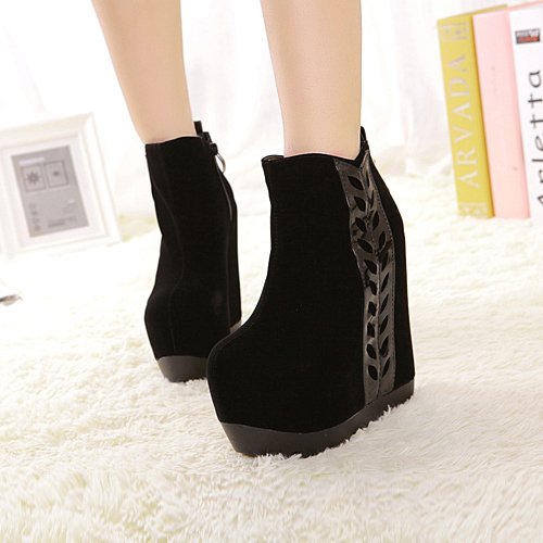 Spring Autumn Round Toe Wedge High Heel Zipper Ankle Cut Outs Black ...