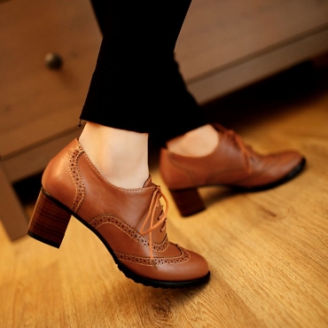 Fashion Round Toe Chunky Mid Heel Lace Up Ankle Brown PU Cavalier Boots ...