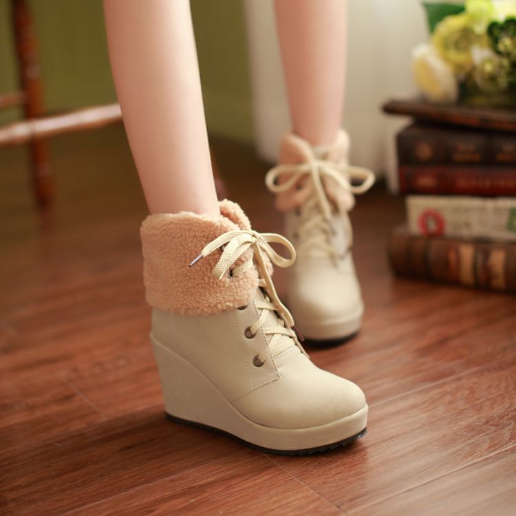 Winter High Heel Lace Up Ankle Feathers Cream-Colored Suede Martens ...