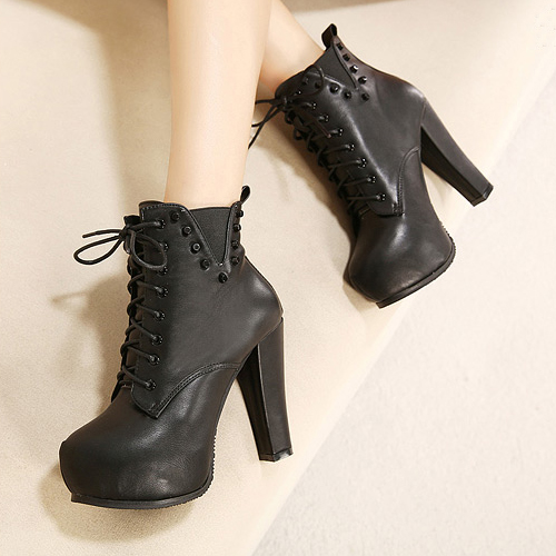 Winter Round Toe Chunky High Heel Lace Up Ankle Rivets Black PU Martens ...