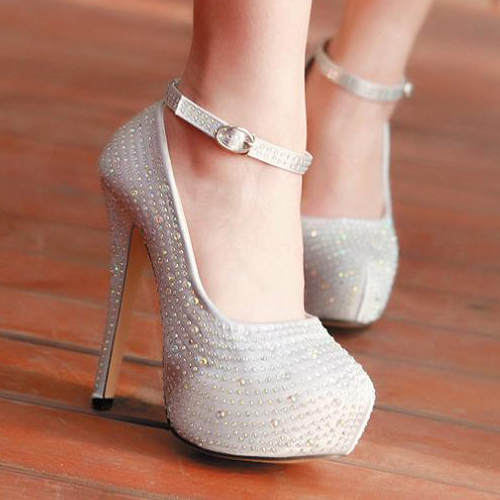 Fashion Round Toe Closed Stiletto High Heel Ankle Strap Silver Satin ...