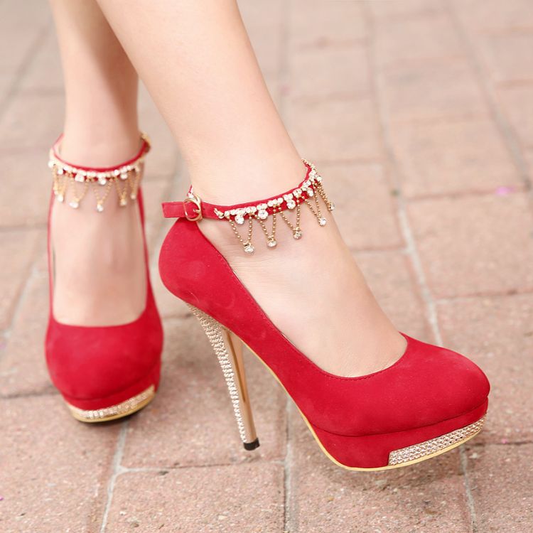 Fashion Round Toe Closed Stiletto High Heel Ankle Strap Red PU Pumps ...