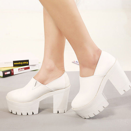 Fashion Round Toe Closed Chunky High Heel Basic White Leather Pumps ...