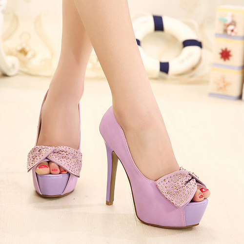Fashion Round Toe Peep Stiletto High Heel Vintage Basic Purple PU Pumps ...