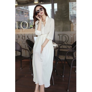 Fashion Bohemian Turndown Collar Long Sleeve Pleated Ankle Length White ...