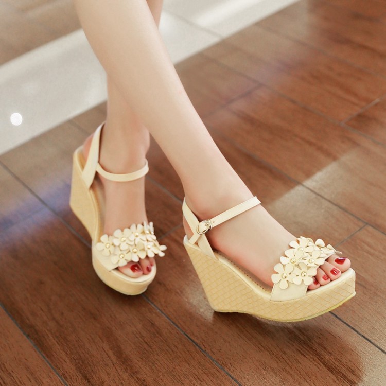 Cheap Fashion Floral Embellished Super High Wedge Apricot PU Ankle ...