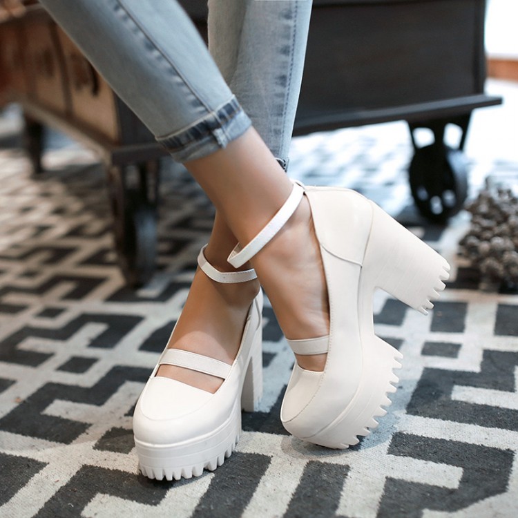 Fashion Round Closed Toe Chunky Super High Heels White PU Ankle Strap ...