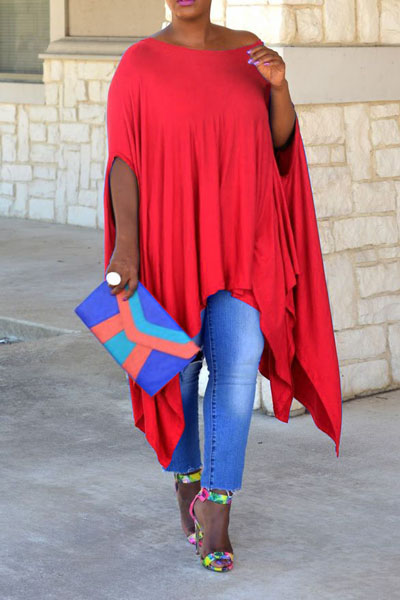 Fashionable Oblique Shoulder Long Sleeves Asymmetrical Red Cotton Blend ...