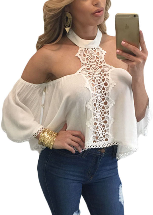Trendy O Neck Off The Shoulder Long Sleeves Hollow-out White Polyester ...