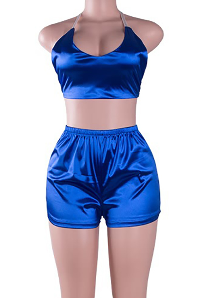Sexy Halter V Neck Sleeveless Backless Blue Satin Two-piece Shorts Set