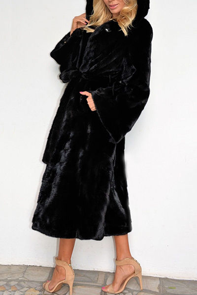 Trendy Hooded Collar Long Sleeves Black Faux Fur Long Trench Coats ...