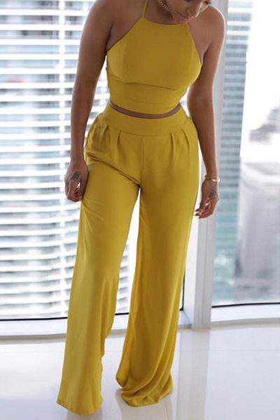 Charming Round Neck Sleeveless Ruched Yellow Twilled Satin Two-piece ...